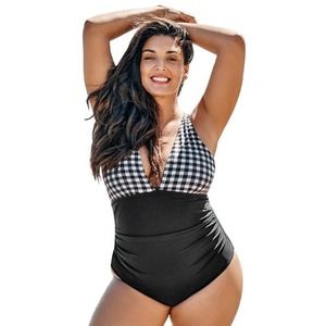 Cupshe Women's 1X Black/White Gingham Ruched Plus Size One Piece Swimsuit NWT